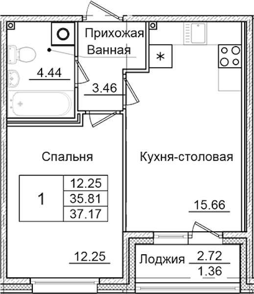 1-комнатная квартира 37.17 м², 1/9 эт., ЖК «Квартал Заречье»